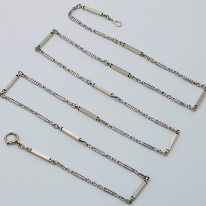 Art Deco Platinum Enamel Bar Link Chain, 27.5” Long