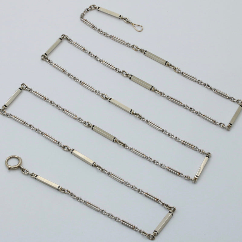 Art Deco Platinum Enamel Bar Link Chain, 27.5” Long