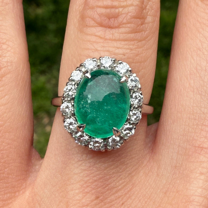 3.3 Carat Cabochon Emerald and Diamond Halo Ring