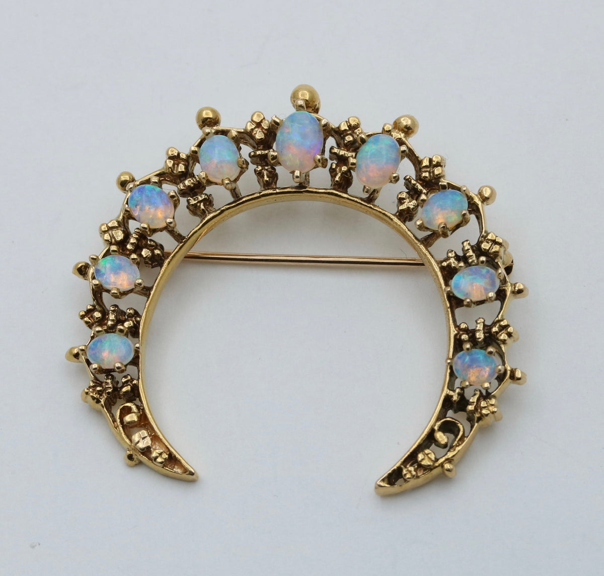 Vintage Opal and 14K Gold Crescent Pin