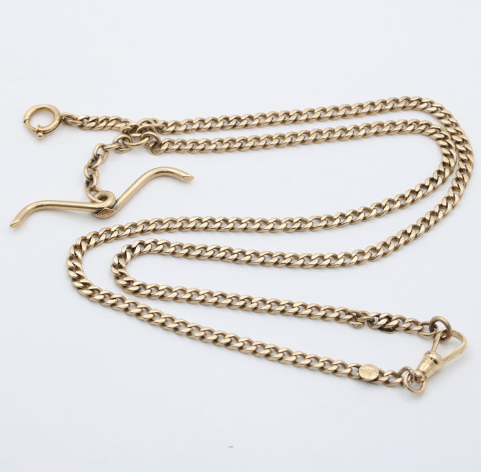 Art Deco 14K Gold Flat Curb Link Watch Chain, Circa 1914