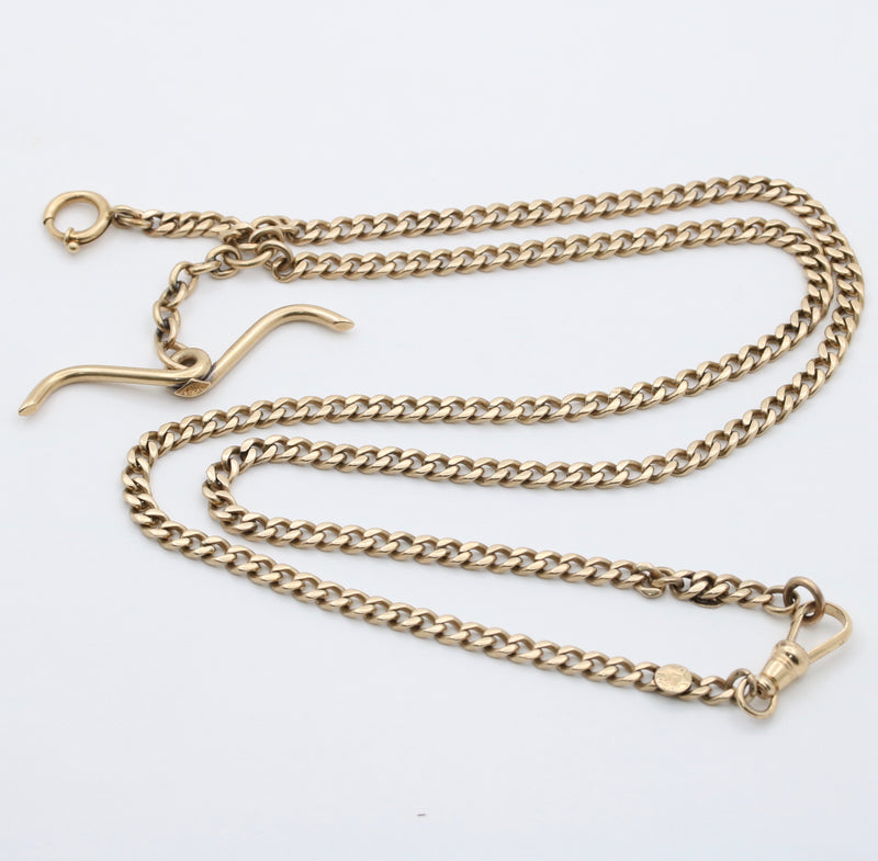Art Deco 14K Gold Flat Curb Link Watch Chain, Circa 1914