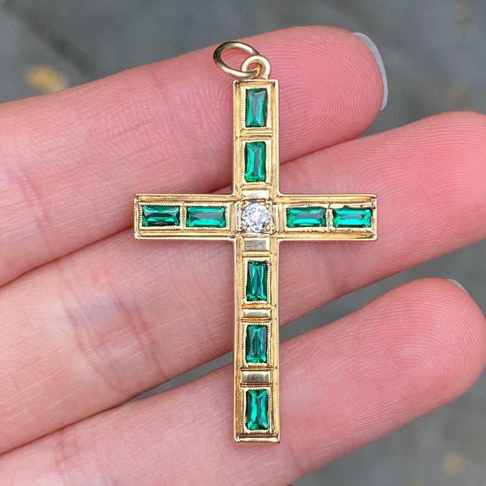 Vintage 18K Gold, Diamond and Synthetic Emerald Cross Pendant