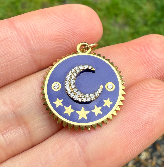 Foundrae Blue Crescent 18K Gold and Diamond Champleve Medallion Charm
