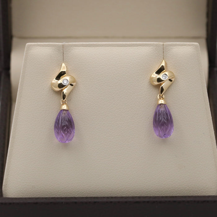 Vintage Carved Amethyst Briolette and Diamond Dangling Earrings
