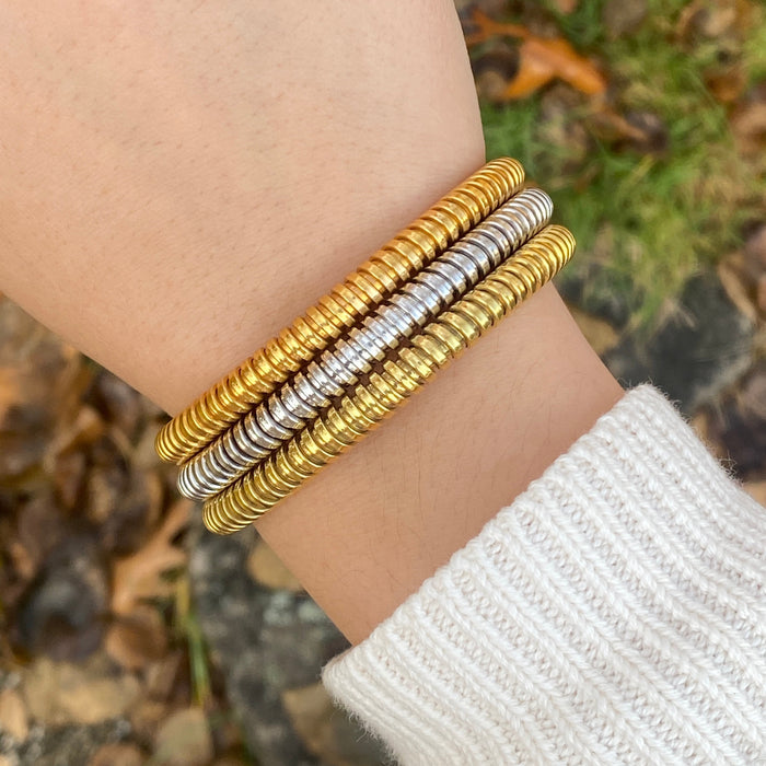 Vintage 18K Tricolor Triple Row Tubogas Bracelet, 7.25” Long