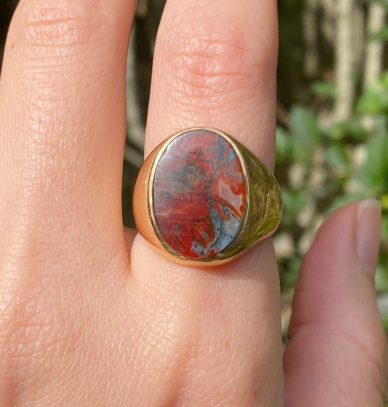 Vintage Moss Agate and 14K Gold Signet Ring