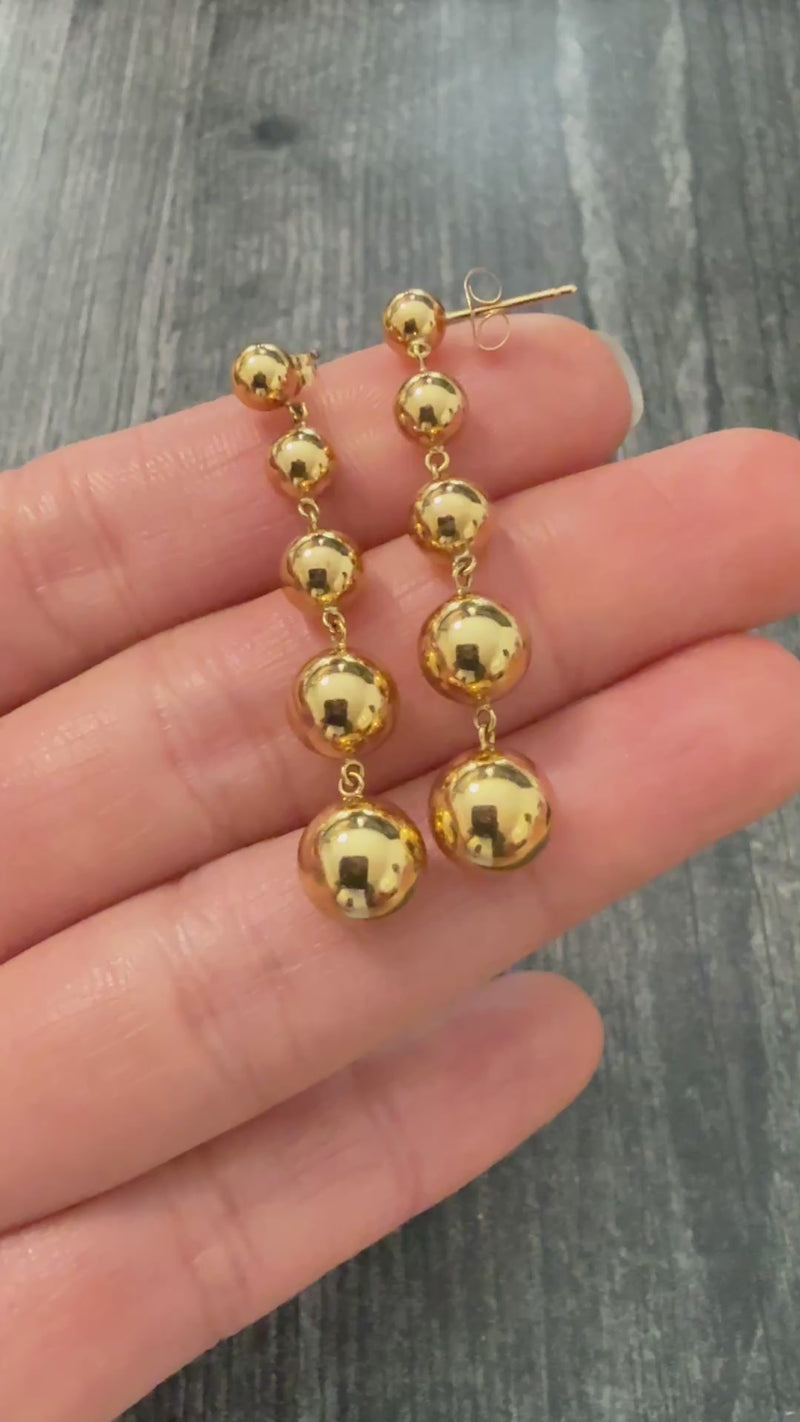 Vintage 18K Gold Ball Long Dangle Earrings, 1.75” Long