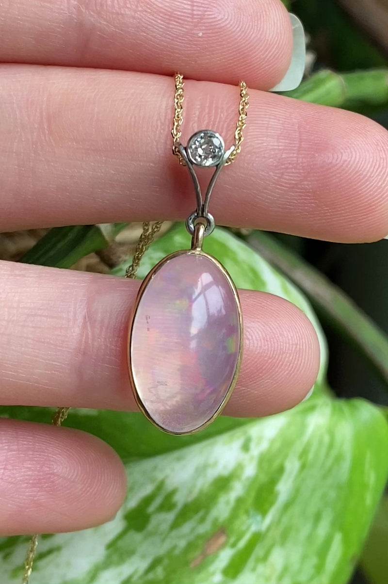 Vintage Jelly Opal and Diamond Platinum Pendant