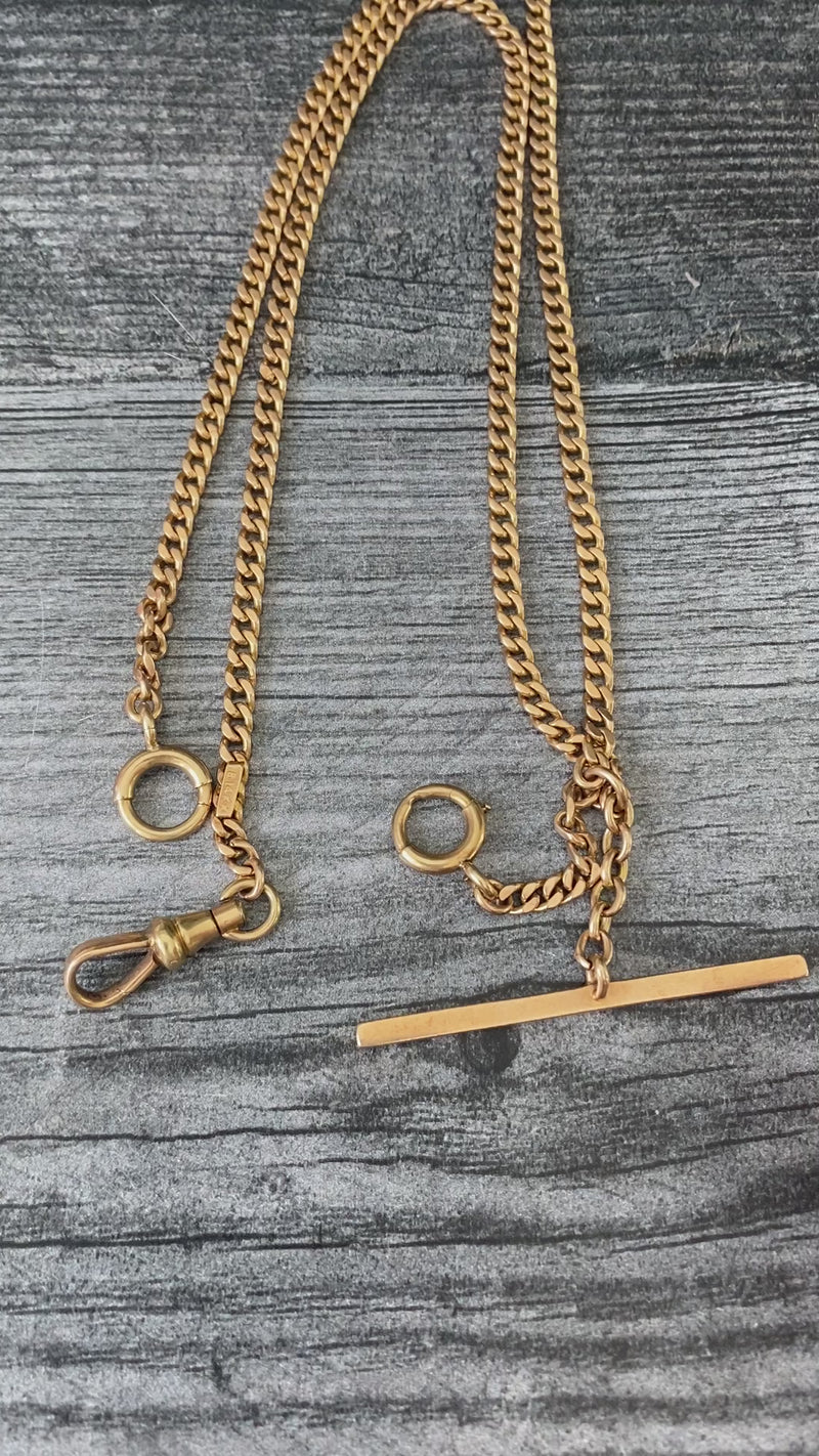 Art Deco 14K Gold Curb Link Albert Watch Chain, 21” Long