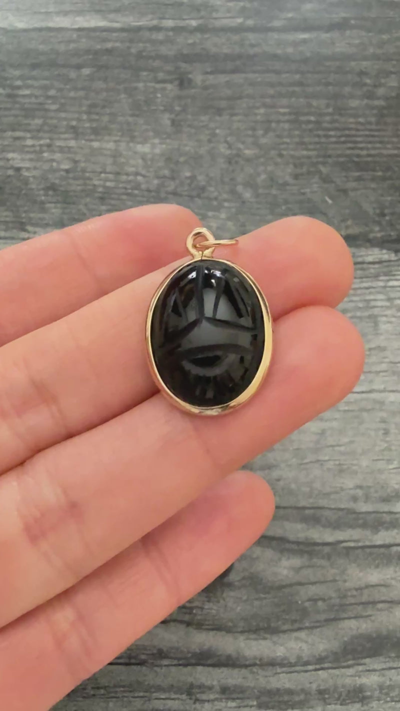 Vintage Carved Onyx Scarab and 14K Gold Pendant