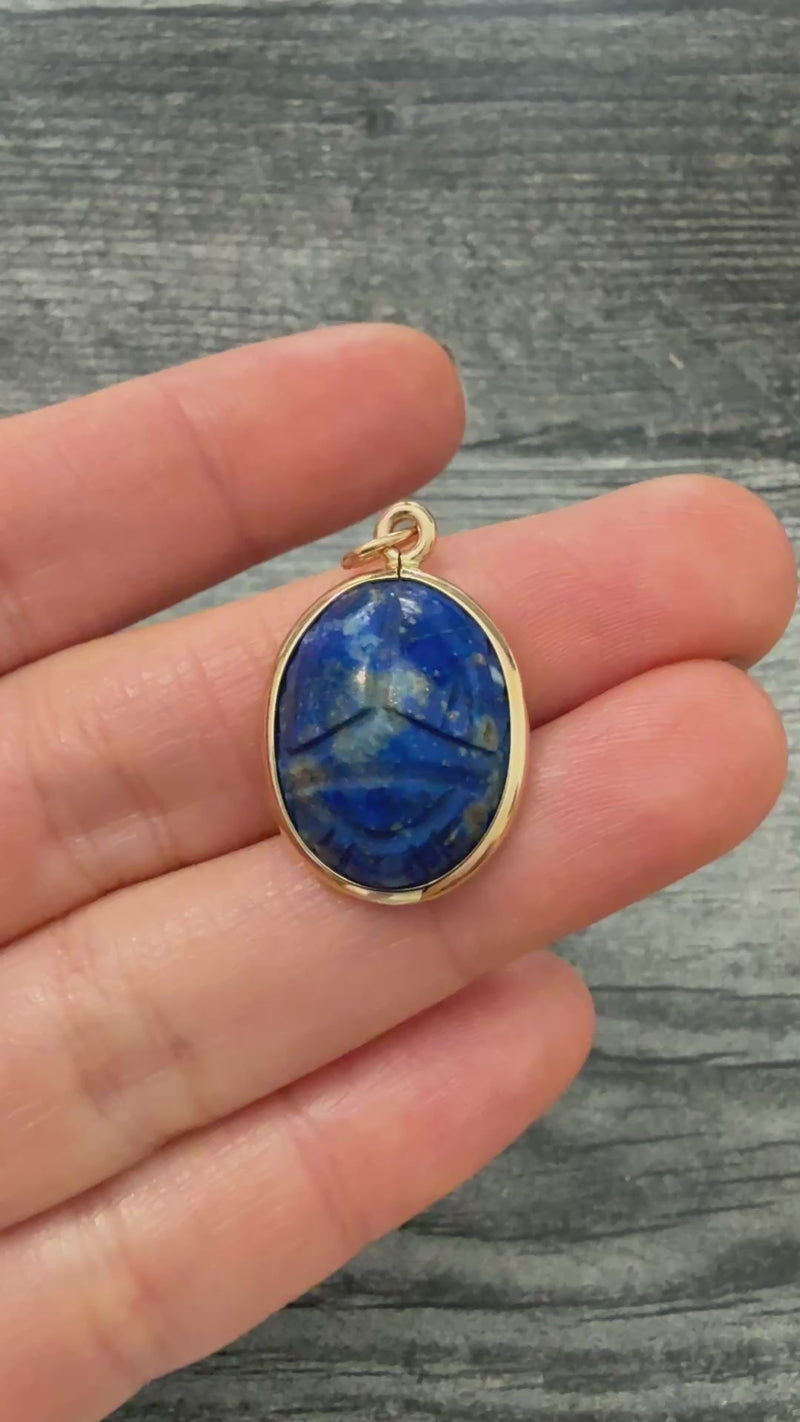 Vintage Carved Lapis Lazuli and 14K Gold Scarab Pendant