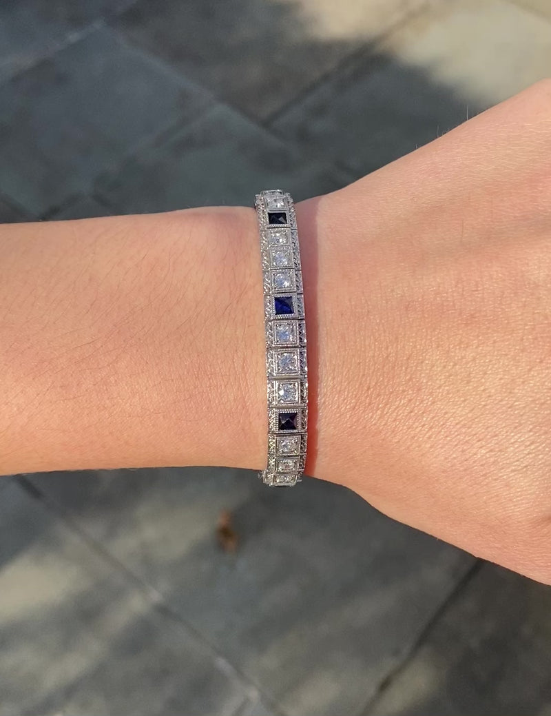 Art Deco Diamond and Man Made Sapphire 14K White Gold Bracelet Alpha Omega Jewelry