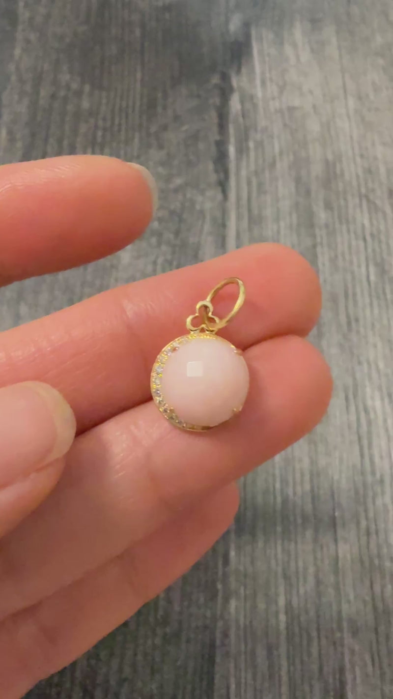 Faceted Pink Opal and Diamond 18K Gold Crescent Moon Charm
