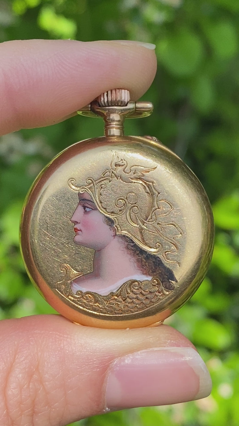 Art Nouveau Enamel Woman Warrior 18K Gold Pocket Watch