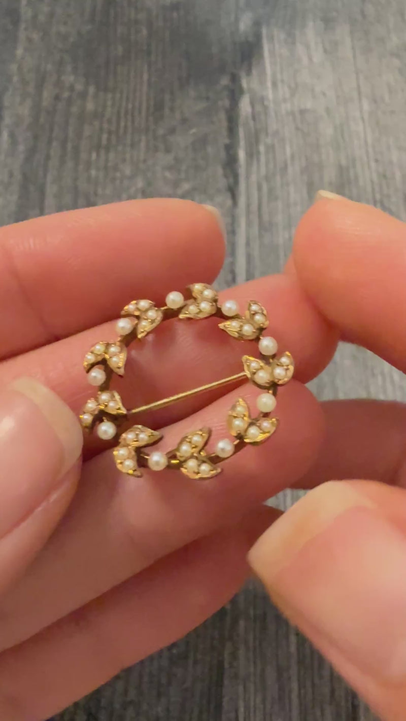 Antique Pearl and 14K Gold Wreath Pin