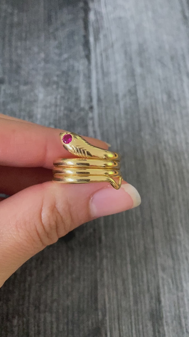 Vintage 18K Gold and Ruby Coiled Snake Ring, Size 9.25