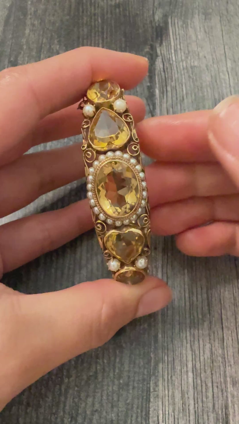 Midcentury Victorian Revival Citrine and 14K Gold Statement Bangle