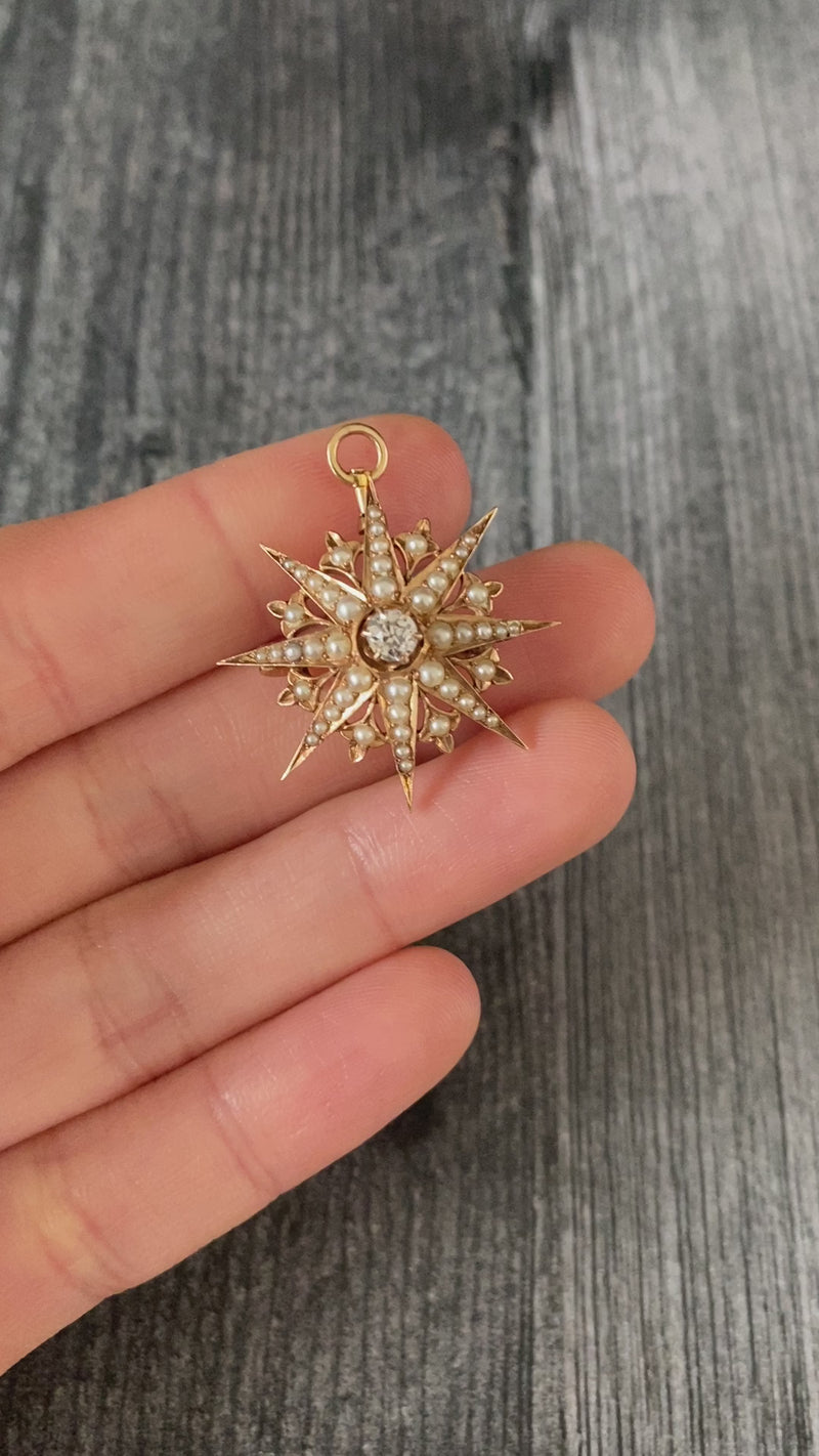 Victorian Diamond and Pearl Starburst Pin, Pendant