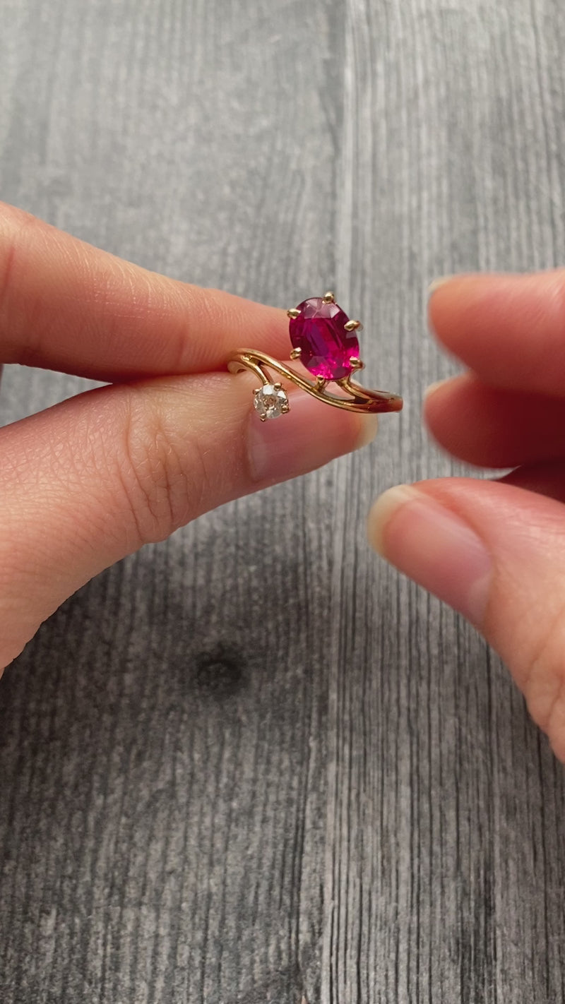 Vintage 18K Gold, Diamond, and Man-Made Ruby Wrap Ring