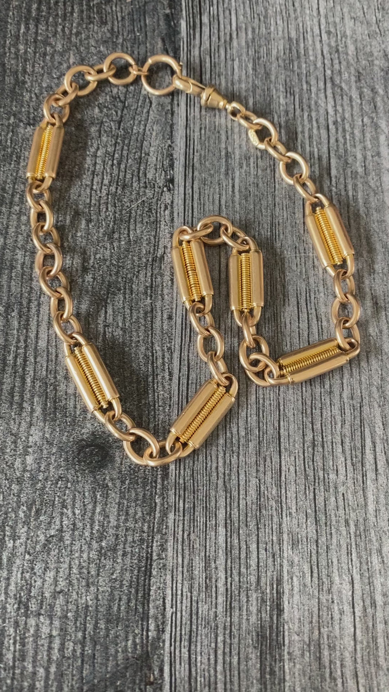 Victorian 15K Gold Spiral Trombone Link Watch Chain, 14.5” Long