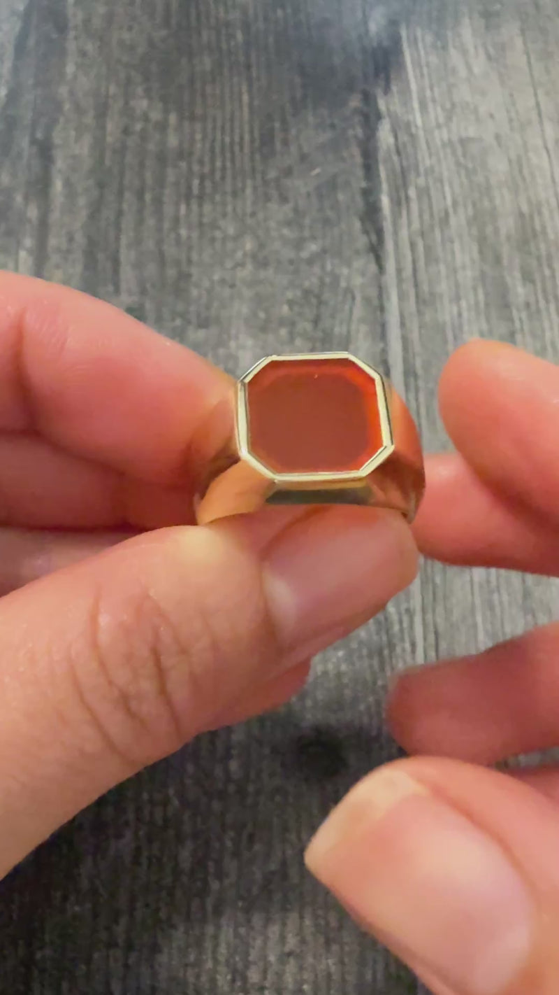 Octagonal Orange Agate and 14K Gold Signet Ring