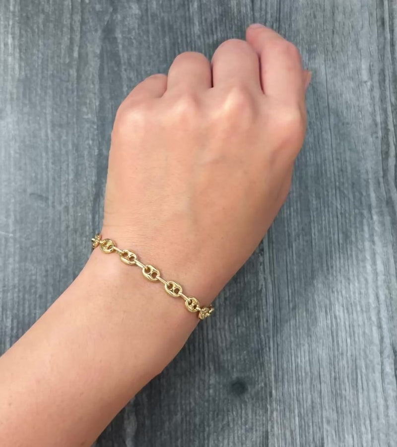 Midsize 14K Gold Puffy Mariner Link Bracelet, 7" Long
