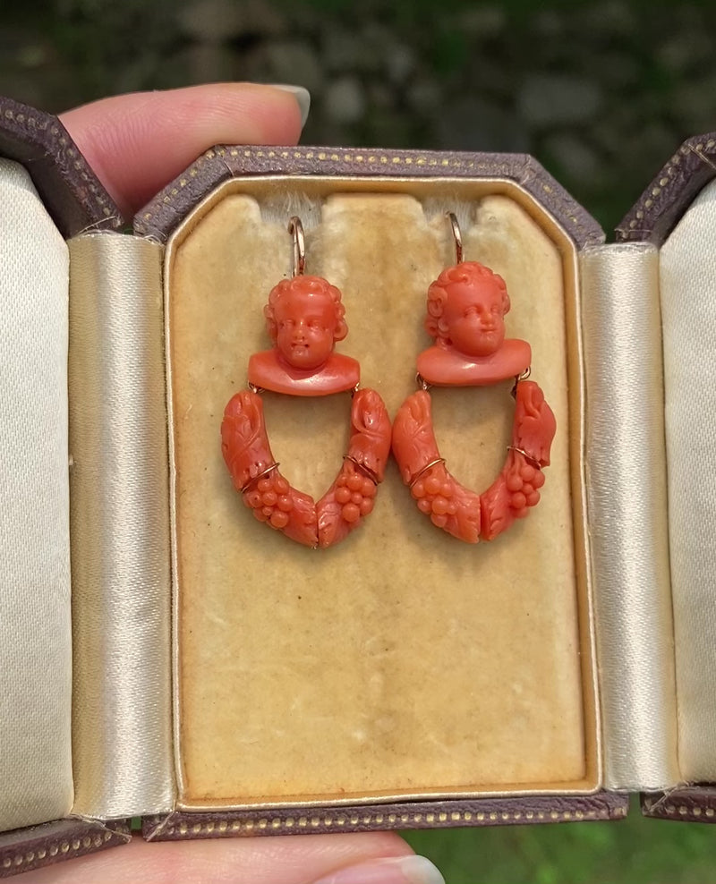 Victorian Carved Coral Putti Wine Earrings