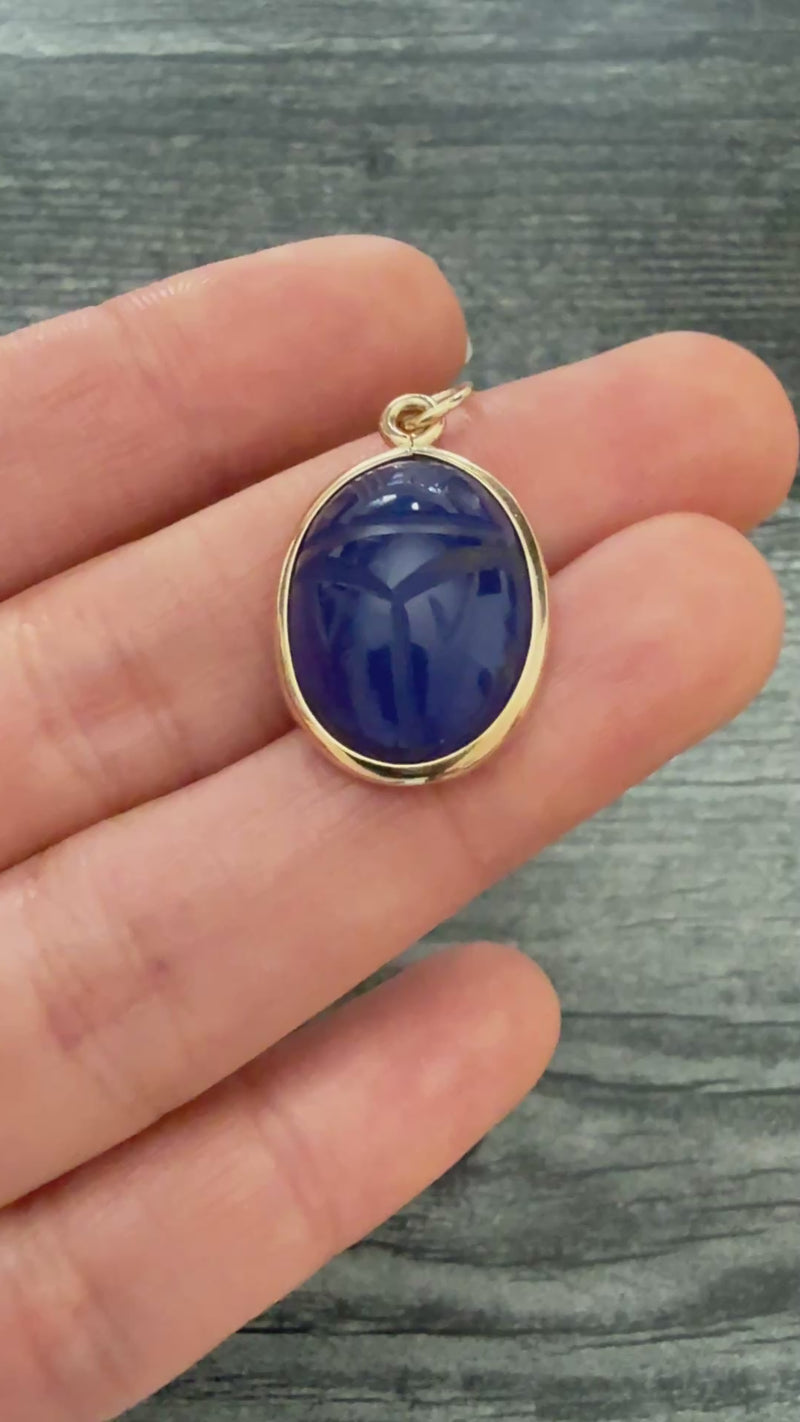 Carved Blue Chalcedony and 14K Gold Scarab Pendant
