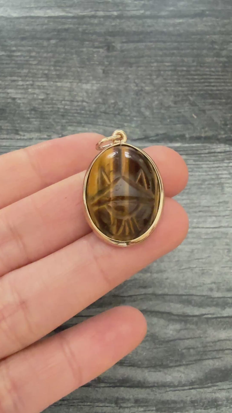 Vintage Carved Tiger Eye Scarab and 14K Gold Pendant