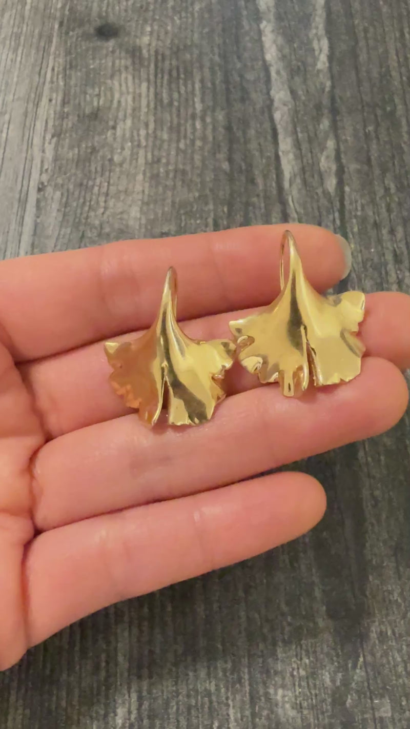Large Saunders 14K Gold Ginkgo Leaf Earrings