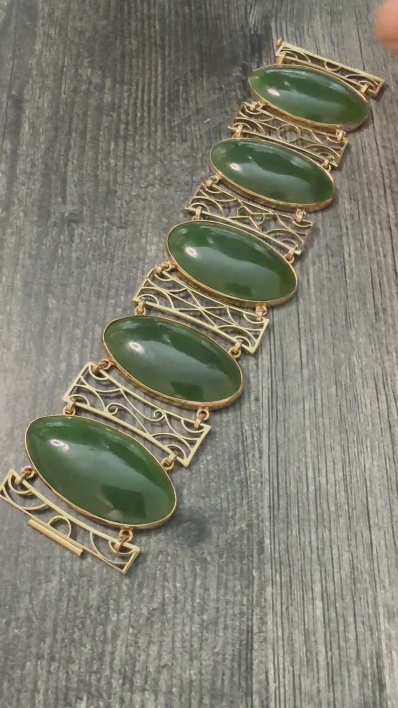 Wide Jade and 10K Gold Statement Bracelet