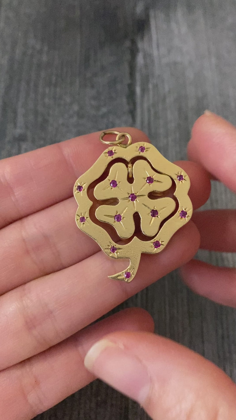 Double-Sided 14K Gold Dangling Four Leaf Clover Charm