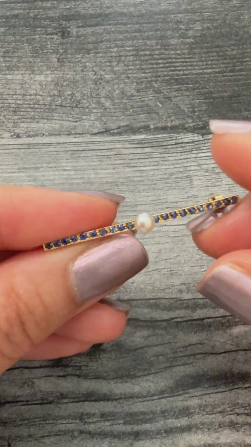Antique Sapphire and Pearl Bar Pin in 18K Gold