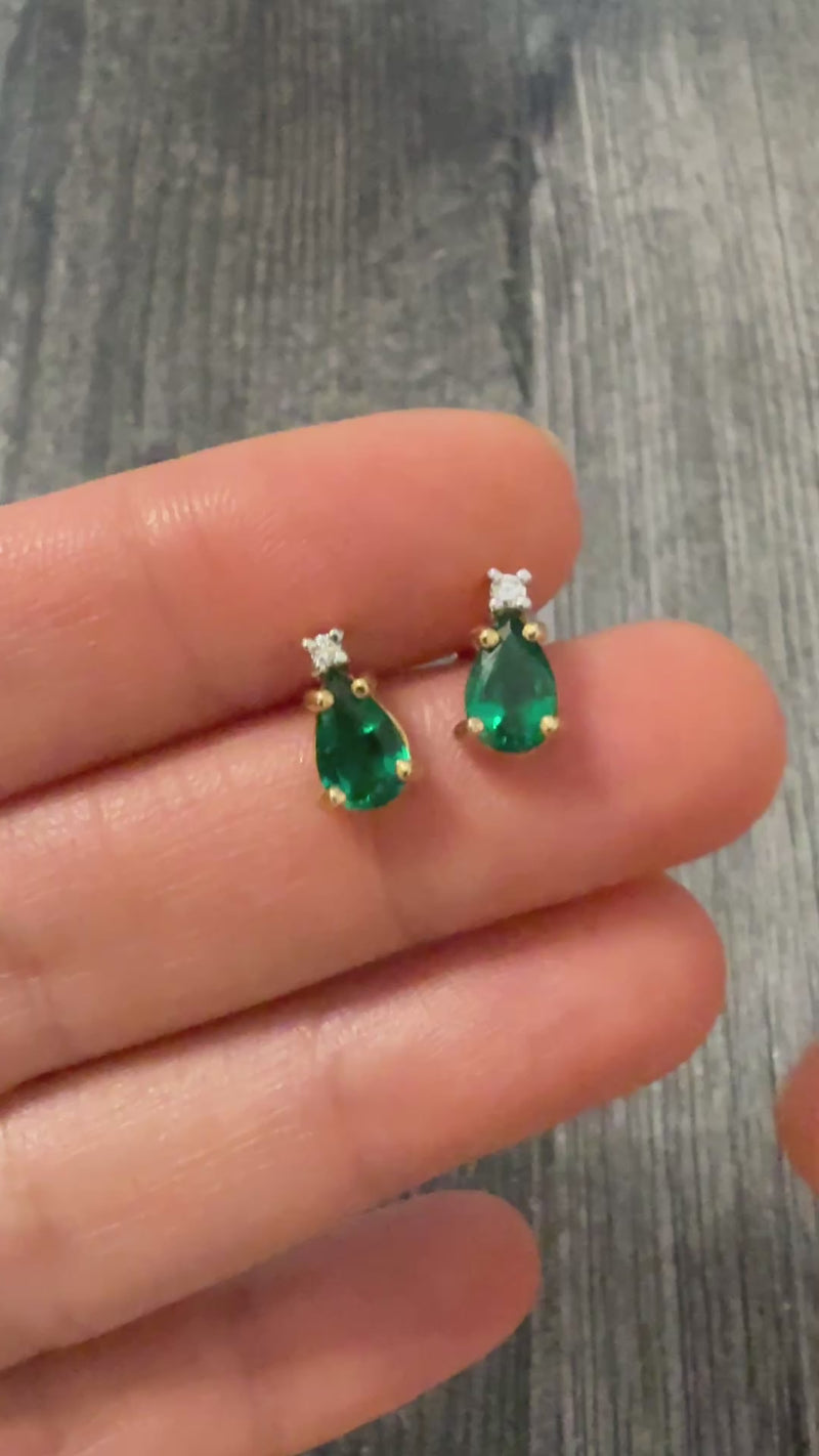Synthetic Emerald and Diamond 14K gold Pear Shaped Stud Earrings