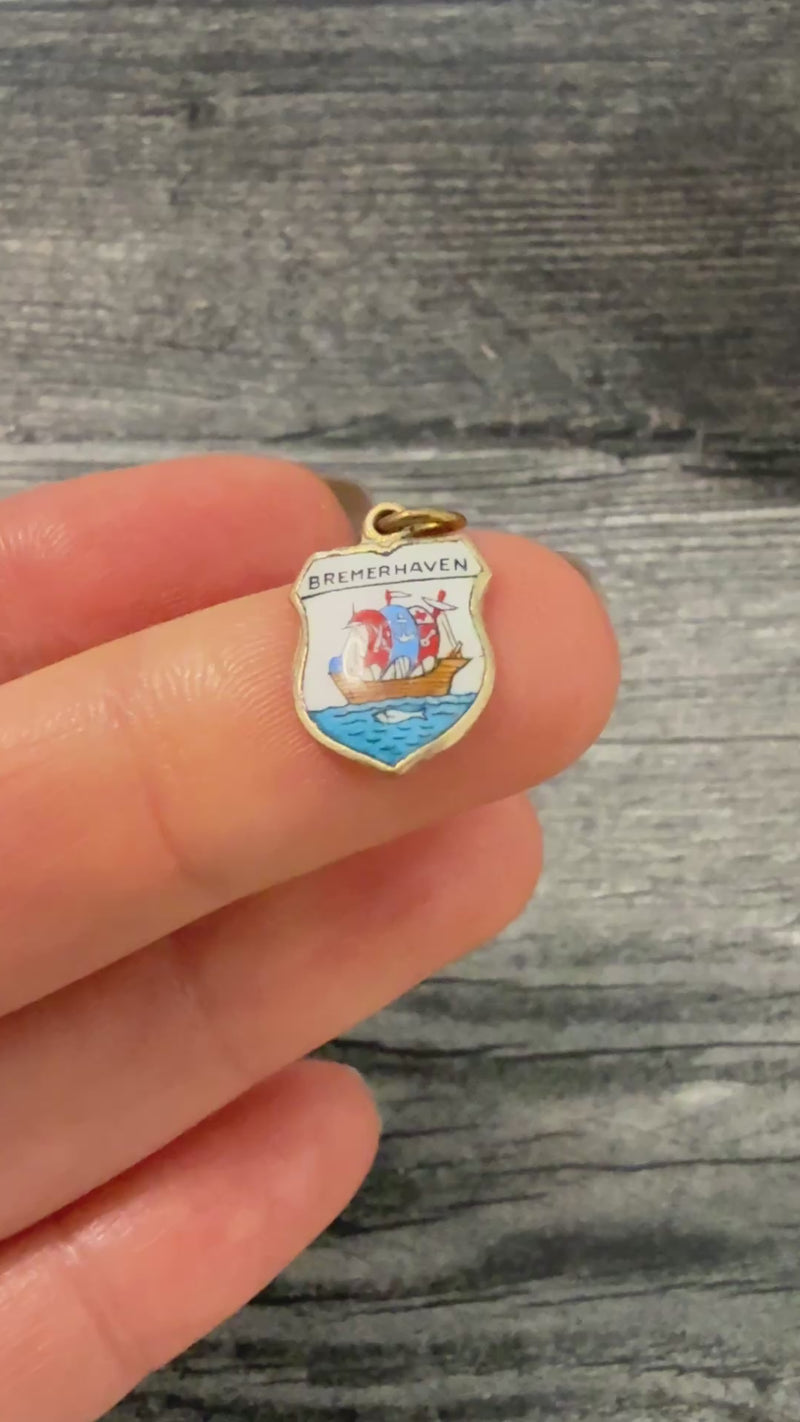 Vintage Enamel and 8K Gold Shield "BREMERHAVEN" German City Charm