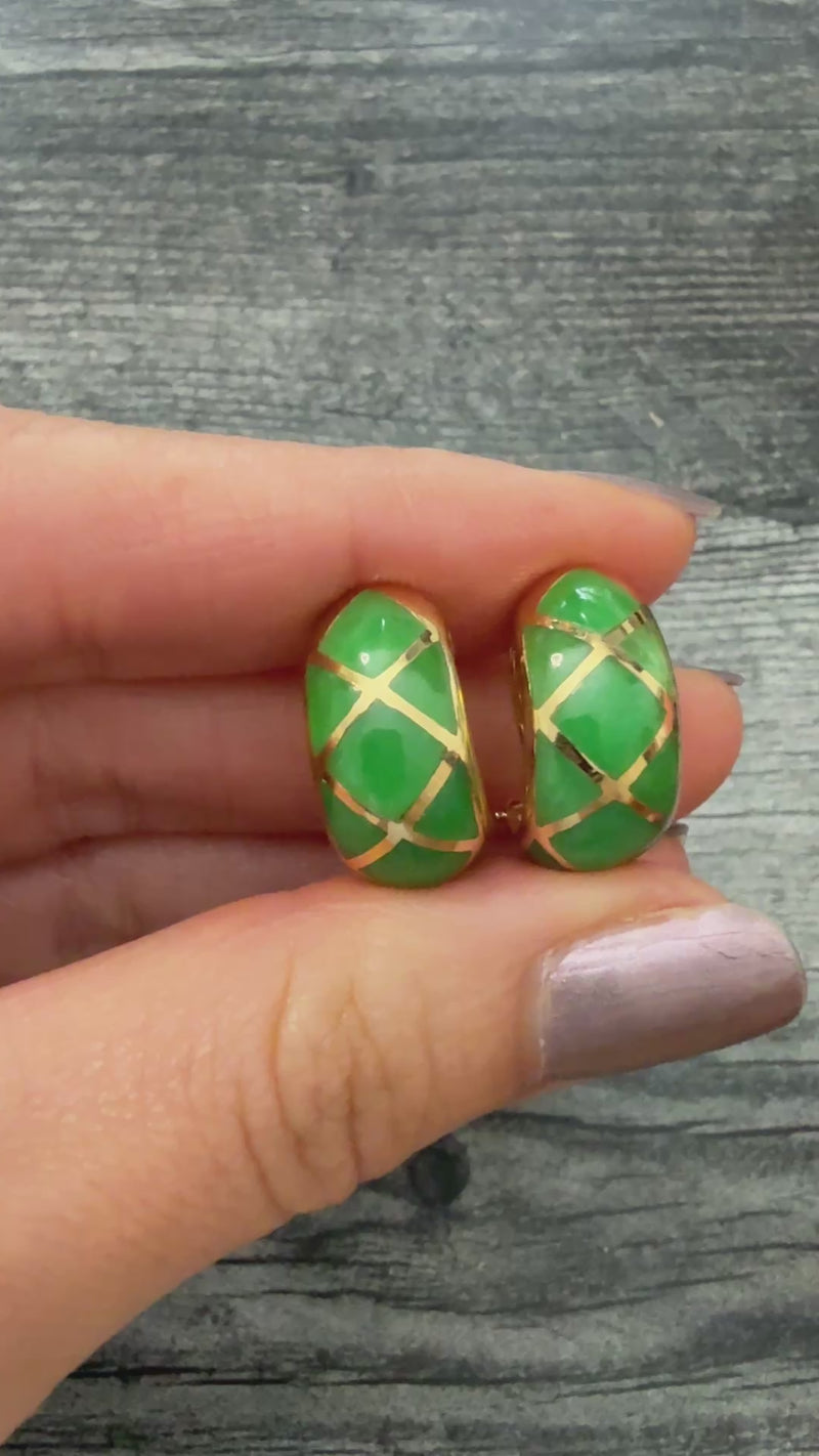 Vintage Green Jade and 14K Gold Lattice Style Huggie Earrings