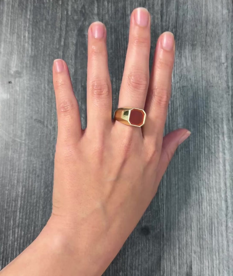 Octagonal Orange Agate and 14K Gold Signet Ring