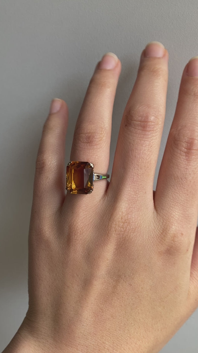 Art Deco Citrine and Enamel 14K Gold Ring