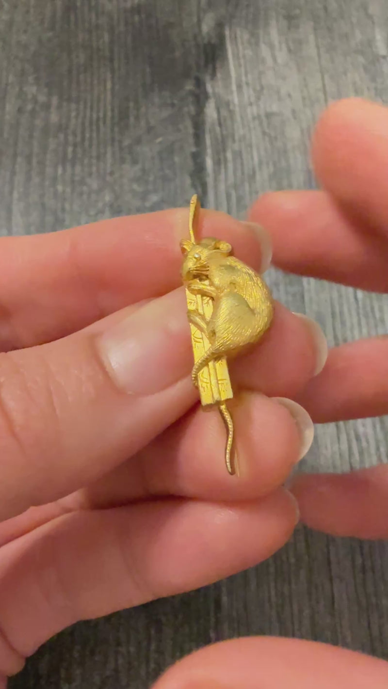 Antique 14K Gold Rat Climbing a Scroll Pin
