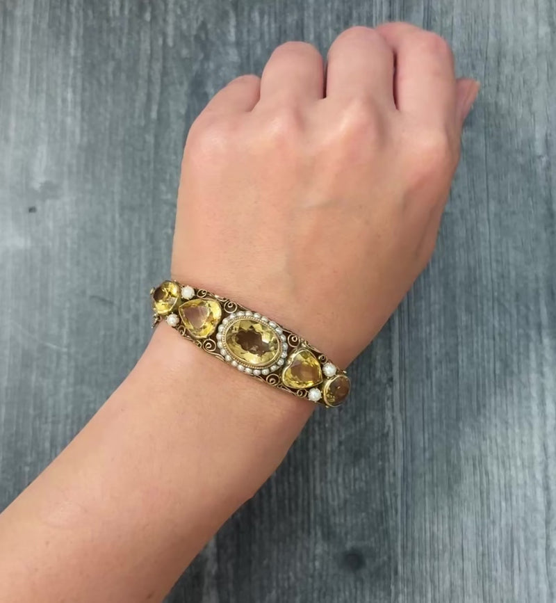 Midcentury Victorian Revival Citrine and 14K Gold Statement Bangle