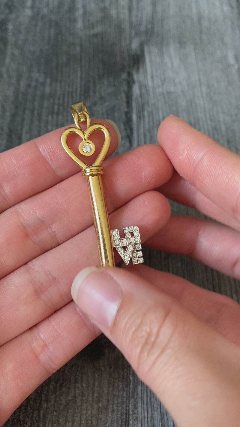 Large Diamond and 18K Gold LOVE Skeleton Key Pendant