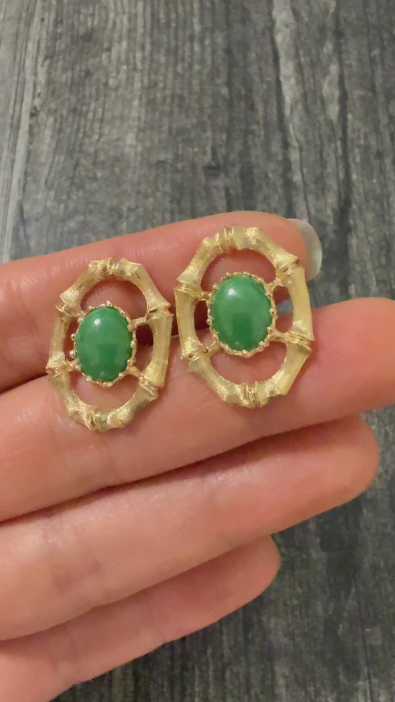 Vintage La Triomphe Jade and 14K Gold Bamboo Border Cufflinks