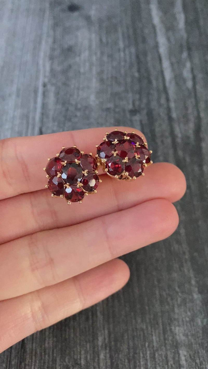 Vintage 11 Carat Garnet Cluster 18K Gold Dome Earrings