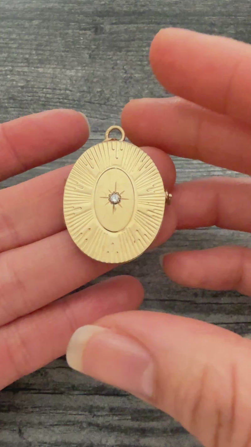 Vintage Engine Turned 14K Gold and Diamond Locket Pendant
