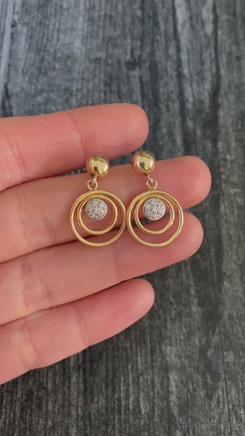 Vintage Diamond and 14K Gold Concentric Circle Dangling Earrings