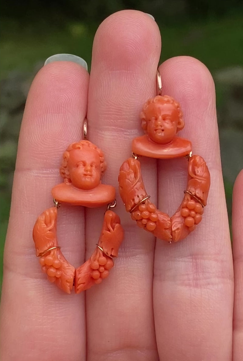 Victorian Carved Coral Putti Wine Earrings