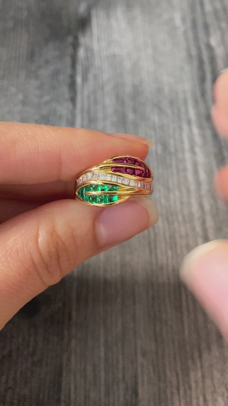 Natural Emerald, Ruby, and Diamond Leaf Ring