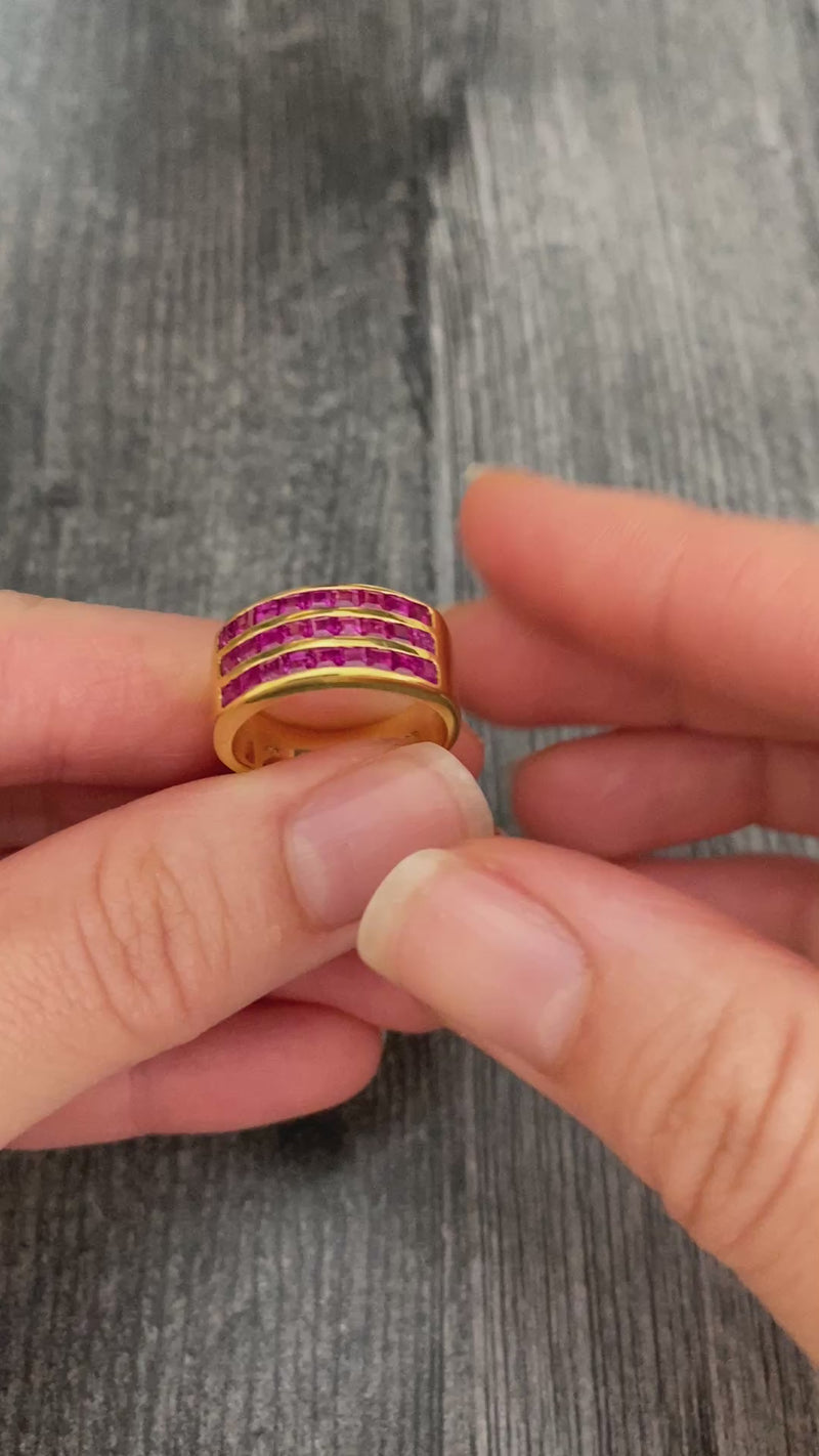 Triple Row Natural Ruby and 18K Gold Wide Band