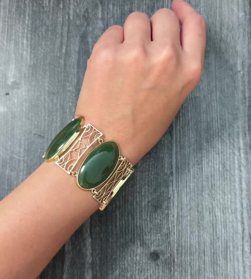Wide Jade and 10K Gold Statement Bracelet